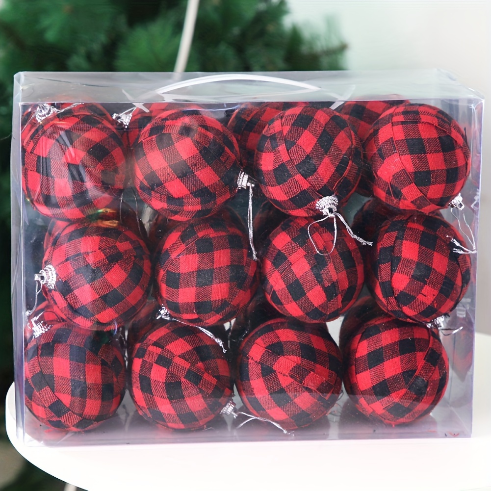 TEMU 24 Pcs Christmas Buffalo Plaid Balls 7cm Mini Fabric Christmas Tree Ornaments Hanging Crafts Decoration For Xmas