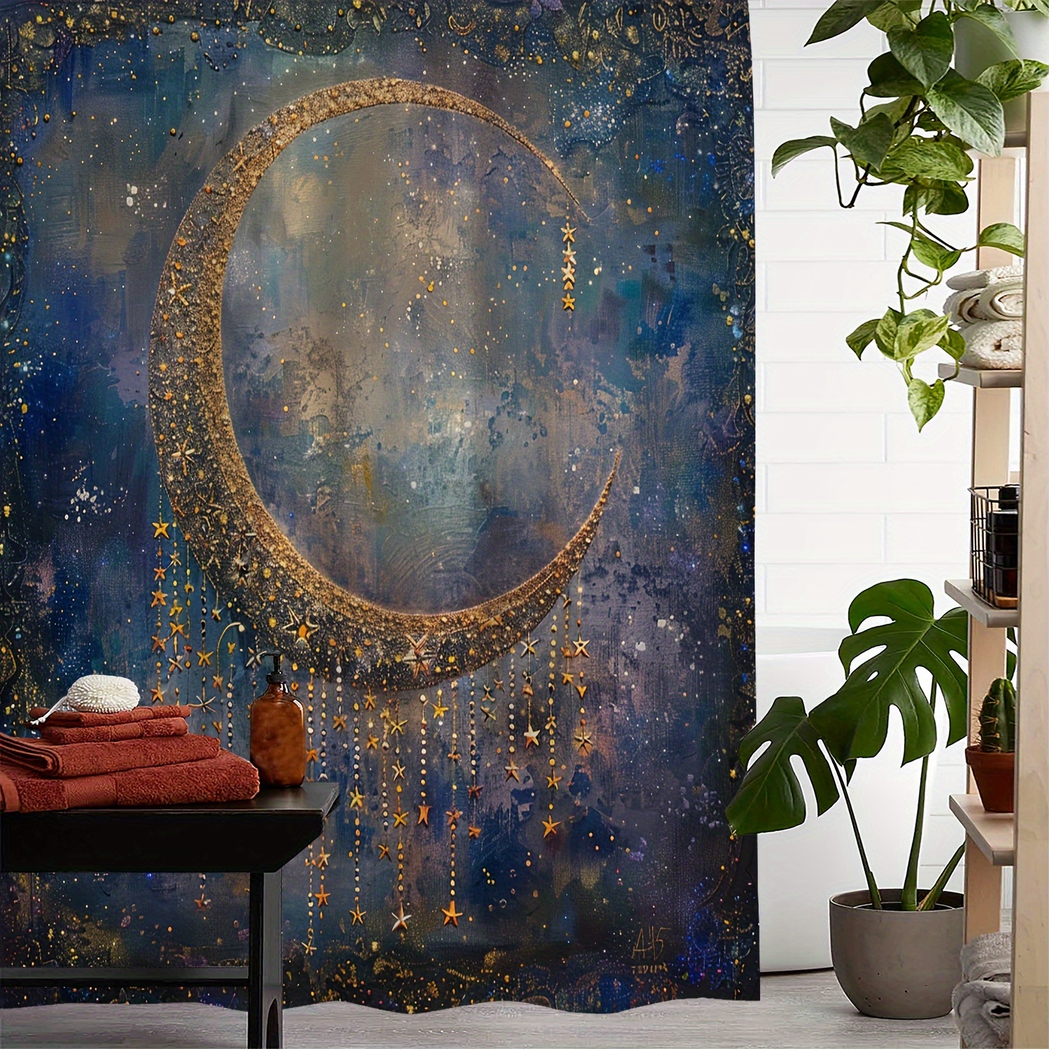 

1pc Celestial Moon And Stars Pattern Shower Curtain, Waterproof Shower Curtain With 12 Hooks, Bath Curtain, Bathroom Partition, Room Decoration, Machine Wash Window Bathroom Decoration
