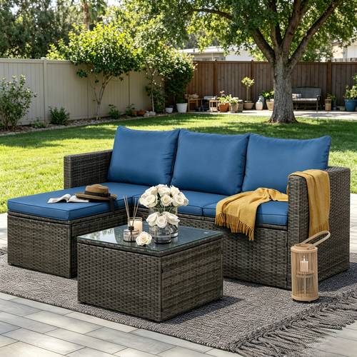 3pcs outdoor patio furniture set pe rattan sectional sofa with detachable cushions glass coffee table and ottoman weather resistant for backyard garden deck