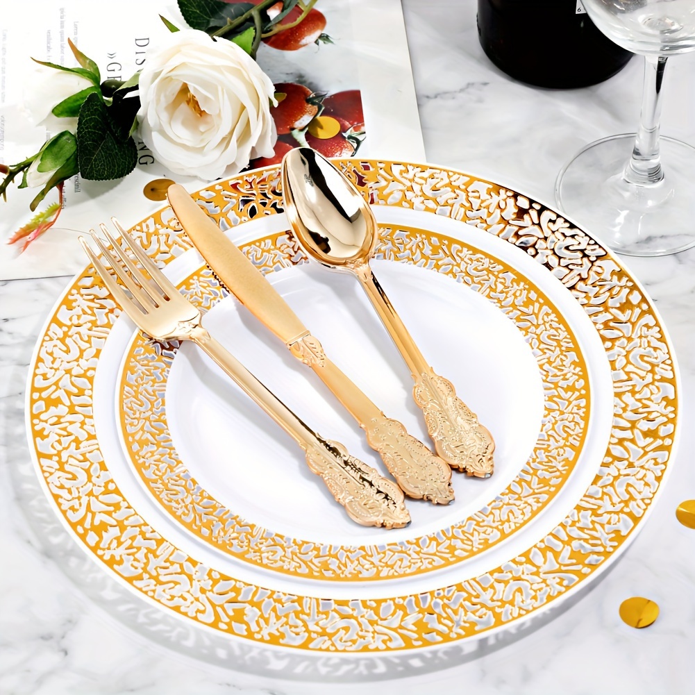 

600pcs Golden Plastic Dinnerware, Golden Plastic Plates Lace Party Plates, Golden Plastic Silverware, Golden Plastic Utensils Suit For Wedding Birthday Party