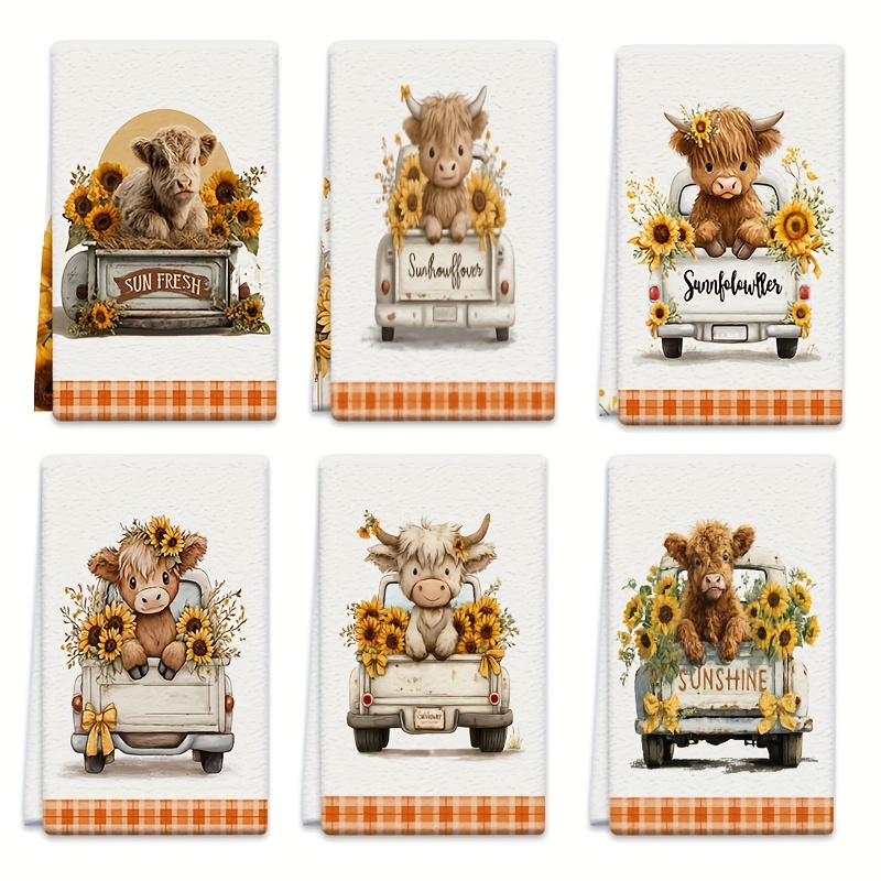TEMU 6pcs Dish Towels 18x26 Inches, Cartoon Calf, Sunflower, Truck Microfiber Absorbent Kitchen, Suitable For Home Kitchen Cooking, Baking, Bathroom