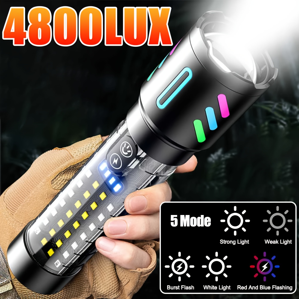 

4800 Led Tactical Flashlight - Rechargeable With Built-in Battery, Cob Light, Long-range , Aluminum Alloy & Abs Body, 5 , Type-c Fast Charging For Outdoor, Camping, Travel, Rechargeable Flashlight