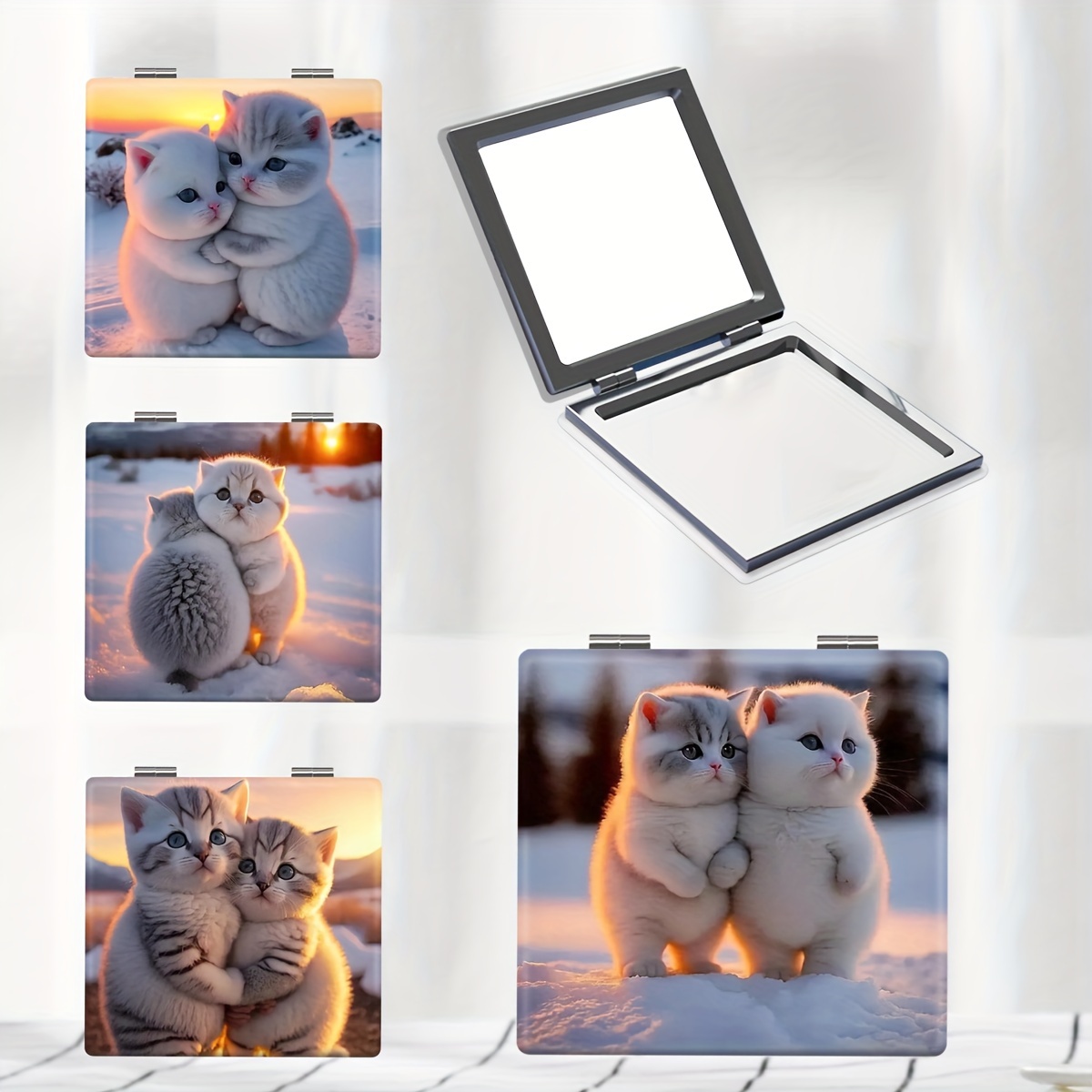 

Snow Cat Foldable Mirror Cute Double Side Compact Touch-up Mirror Mini Makeup Mirror Portable For Travel & Outdoor Women Gift