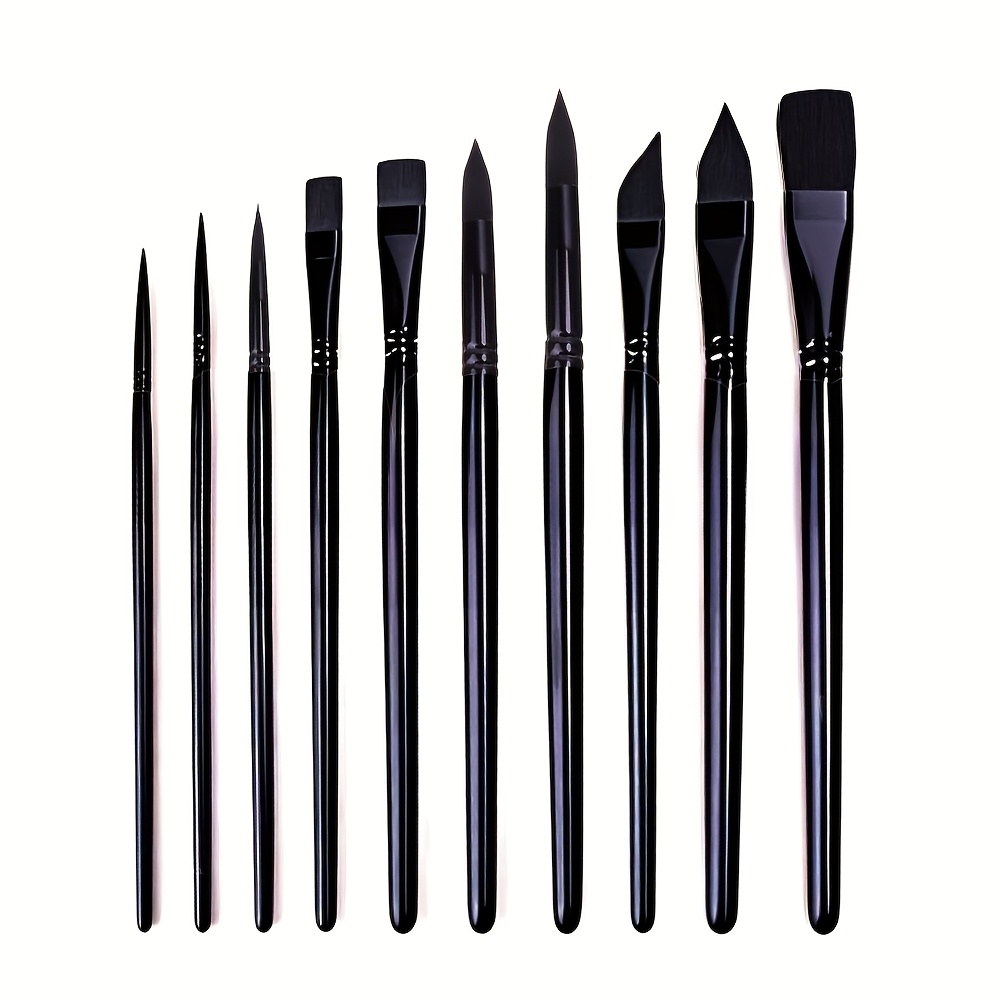 Image of Set Of 10 Professional Paint Brushes: Includes 5 Different Tip Styles (pointed, Flat, Cat's Tongue, ) Suitable For Watercolor, Acrylic, Oil, And Gouache
