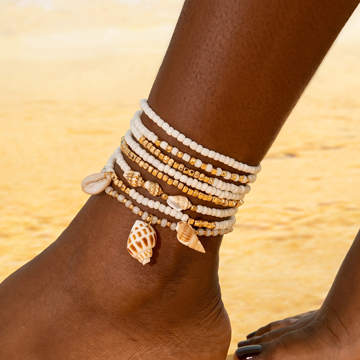 Image of 8pcs Set Of Fashion Rice Bead Tassel Seashell Anklet Set Suitable For Women's Ball Party Gathering Gift