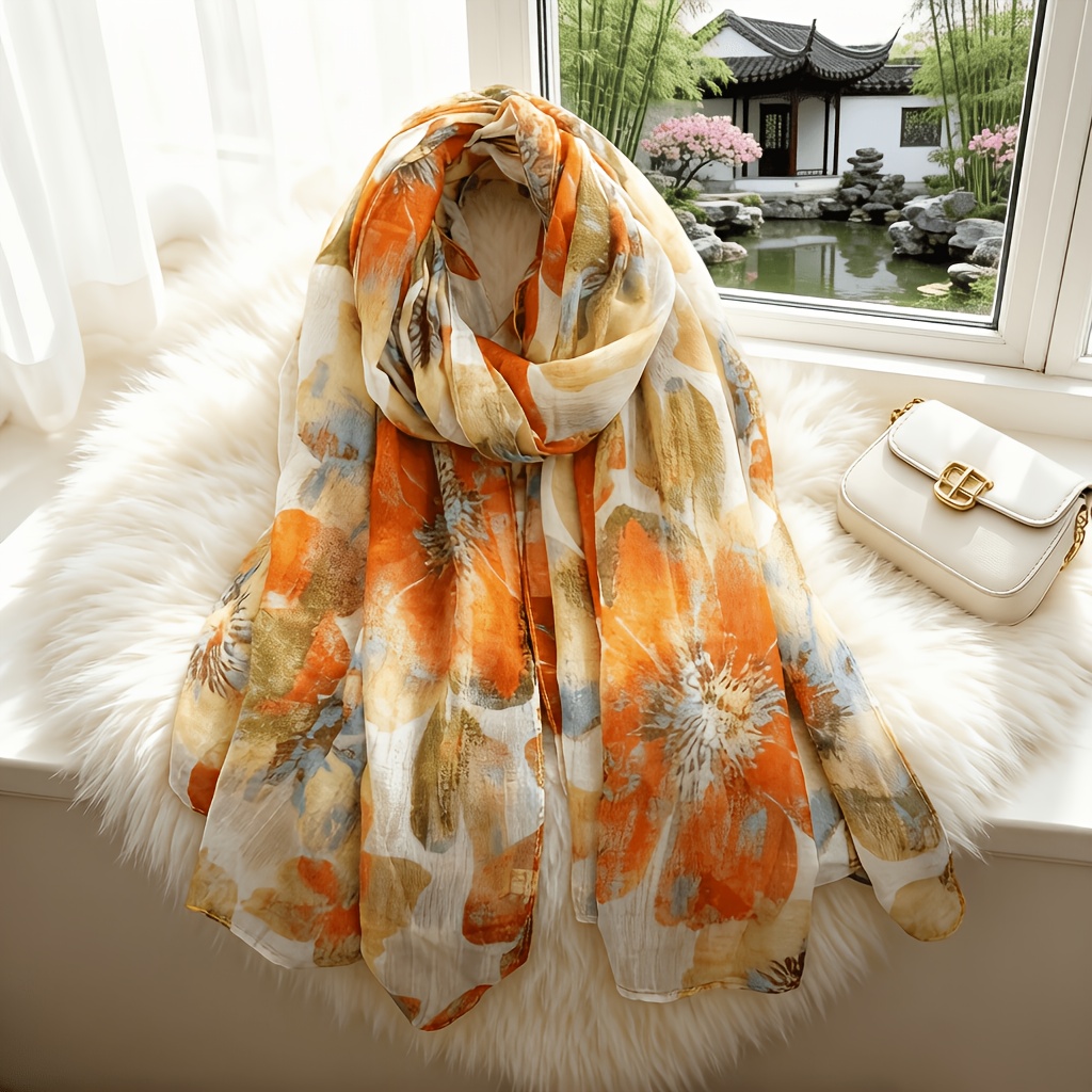 TEMU 1pc Foulard Femme Imprimé Floral Gaze Bali, Châle Léger et Respirant, Foulard Femme Design Mode Élégant, Serviette de Plage, Foulard Automne