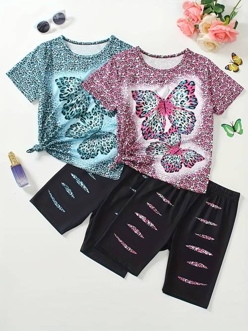 4pcs girls spring summer outfit set leopard print short sleeve and fit shorts casual machine washable polyester blend ideal for daily wear activities vibrant clothes outdoor