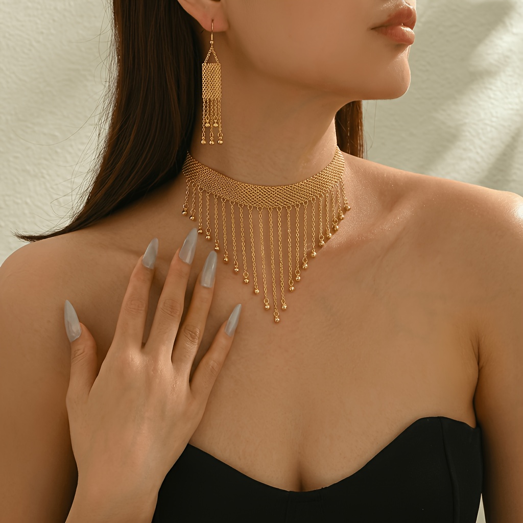 Image of A Set Of 2 Women's Tassel Necklace And Earrings, Featuring A Wide Woven Neck Chain With Adjustable Lengths And Staggered Bead Drops, Exuding A Vibe, Commuting And Summer