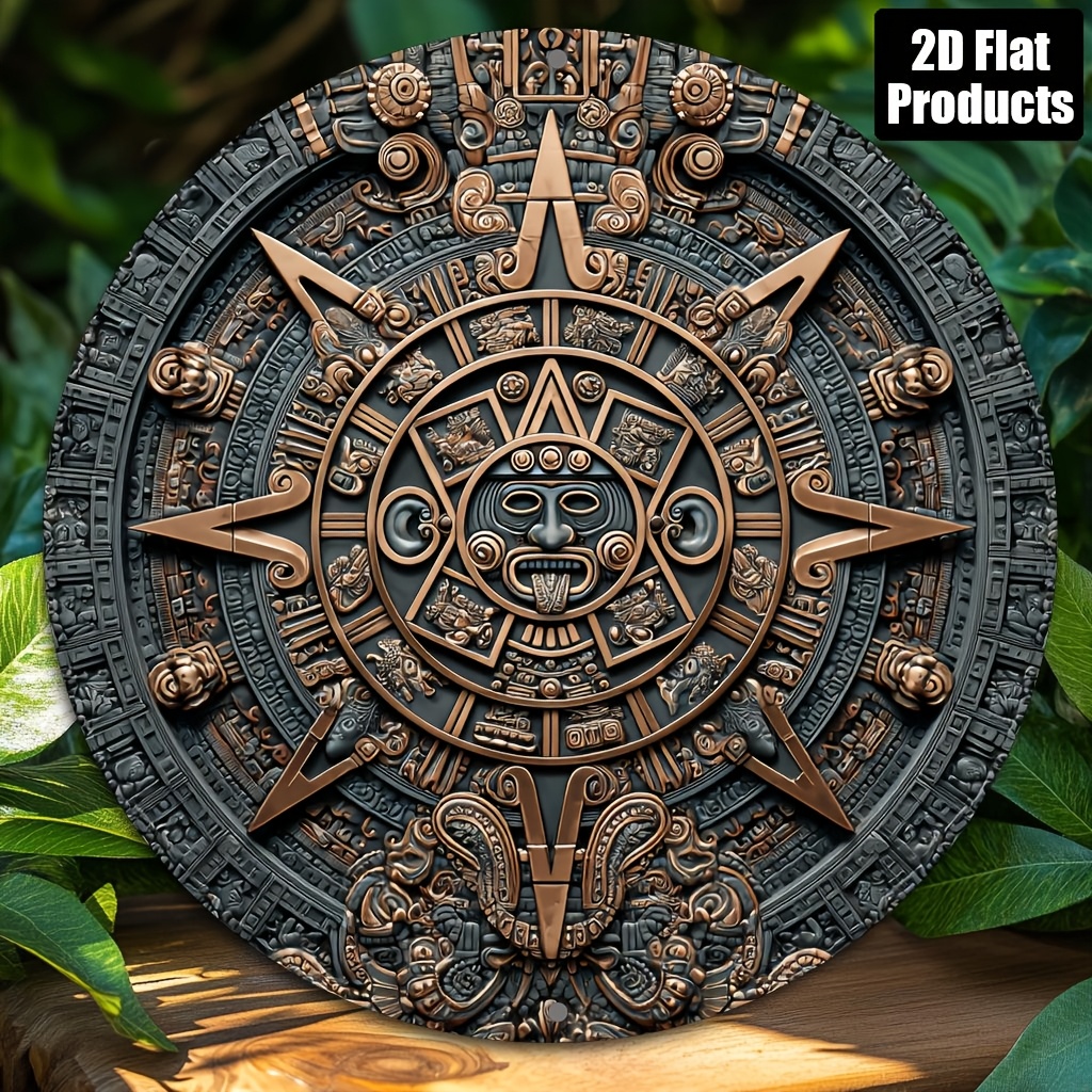 TEMU 2d Flat, 1pc Theme Round Metal Wall Sign - Vintage Mayan With Calendar & Cultural Symbols - Aluminum Sign Suitable For Home, Office, Cafe -