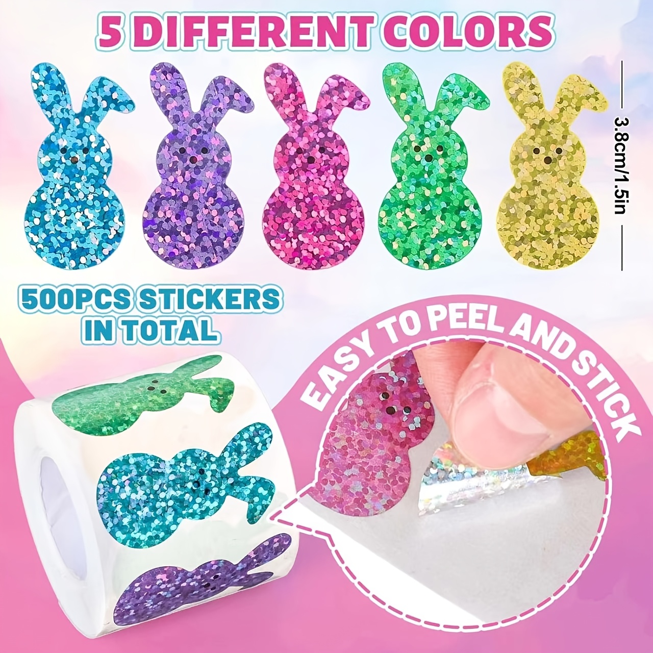 500pcs Easter Bunny Stickers - Colorful Laser-cut Rabbit Decals, 5 Shimmering Colors, Self-adhesive Sealing Labels For Envelopes, Journals & Party Favors