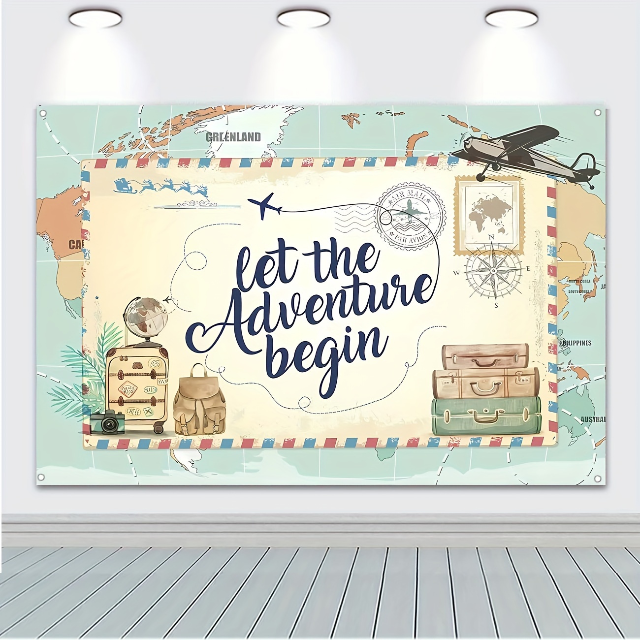 

Vinyl Adventure Themed Backdrop Banner - World Map & Airplane Design For Baby Shower, Birthday, Bridal Shower, Travel Party Decorations And Entryway Photography Background