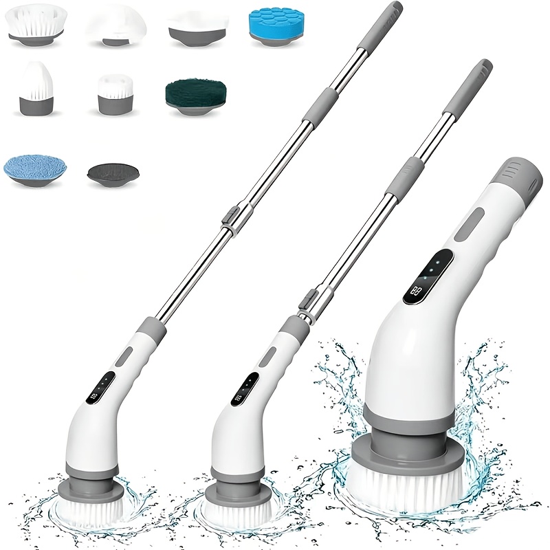 TEMU Cordless Electric Rotary Cleaning Scrubber With Adjustable Long Handle, Rechargeable Cleaner Equipped With 9 Replaceable Brush Heads, Suitable