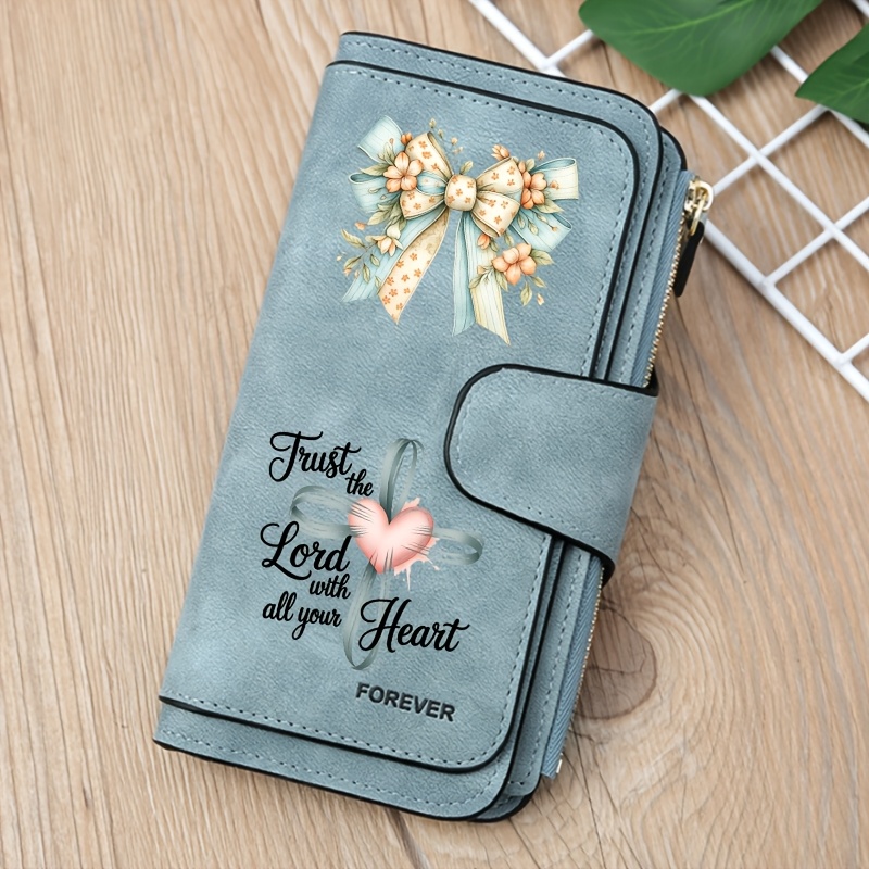 TEMU Cross Heart Love Faith Quote Floral Bow Women's Long Wallet, Large Capacity Multi-card Slot Anti-demagnetization Zipper Wallet, Vintage Clutch,
