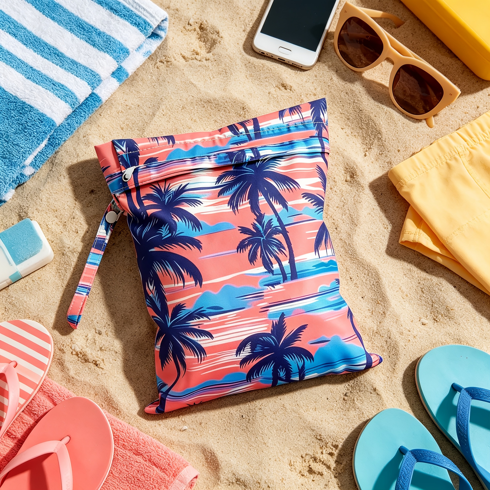 Reusable Wet Storage Bag with Tropical Palm Print Pattern, Designed for Diaper Storage. Dimensions: 9.84in*12.2in. Perfect for Storing Swimwear, Travel Essentials, Beach Items, and Pool Supplies. Ideal for Themed Gifts and Holiday Presents