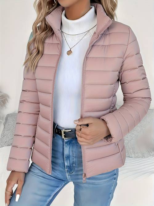 womens spring fit lightweight warm solid color jacket elegant stylish and versatile beautiful jacket stand collar zipper long sleeve casual padded polyester fiber cropped coat seasonal transition jacket high quality classic popular