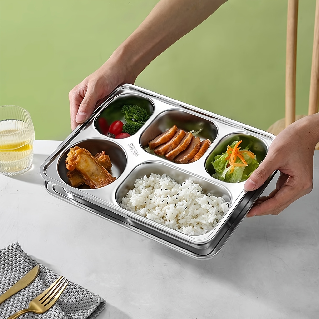 1-compartment Stainless Steel Dinner Plate For Food Classification Plate Canteen Compartment Dish Bento Box