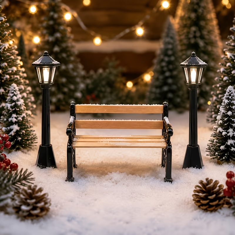 TEMU 3pcs Set Of 2 Christmas Street Lamp Posts And 1 Bench Seat, Small Street Lamp Models, Miniature Christmas Village Path Lantern Posts, Miniature