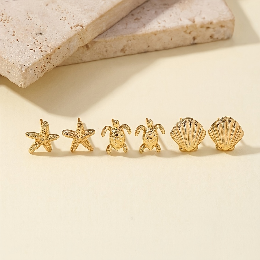 Metallic Wind Star Shell Turtle Stud Earrings Set
