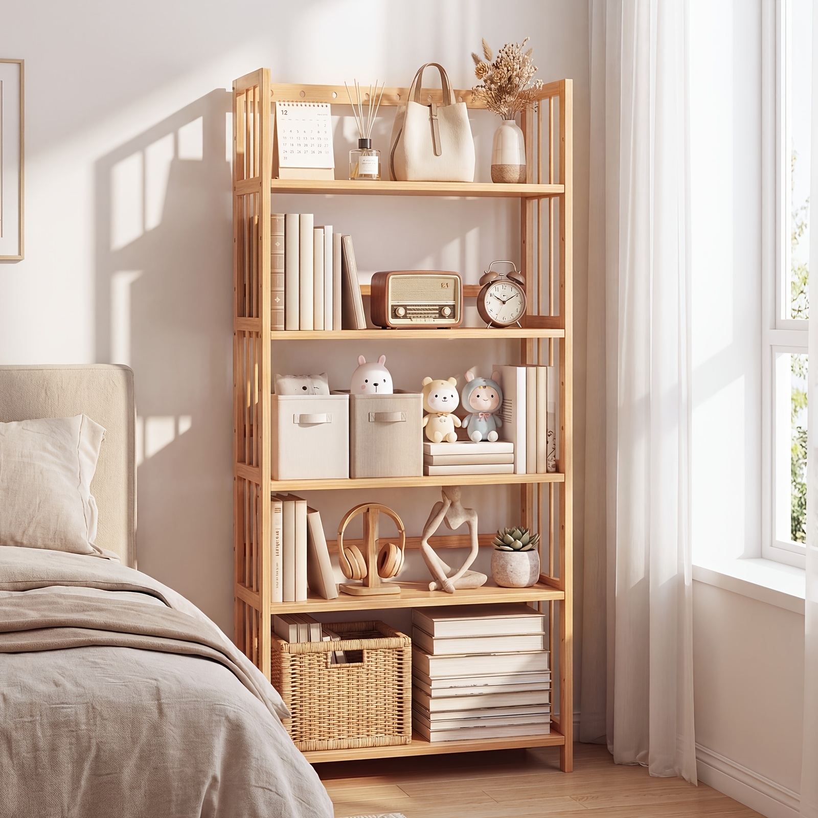 TEMU Bamboo Bookshelf With Adjustable Shelves, Narrow 4 Or 5 Tier Wooden Bookcase, Natural Storage Shelf Organizer For Small Spaces, Bedroom, Living