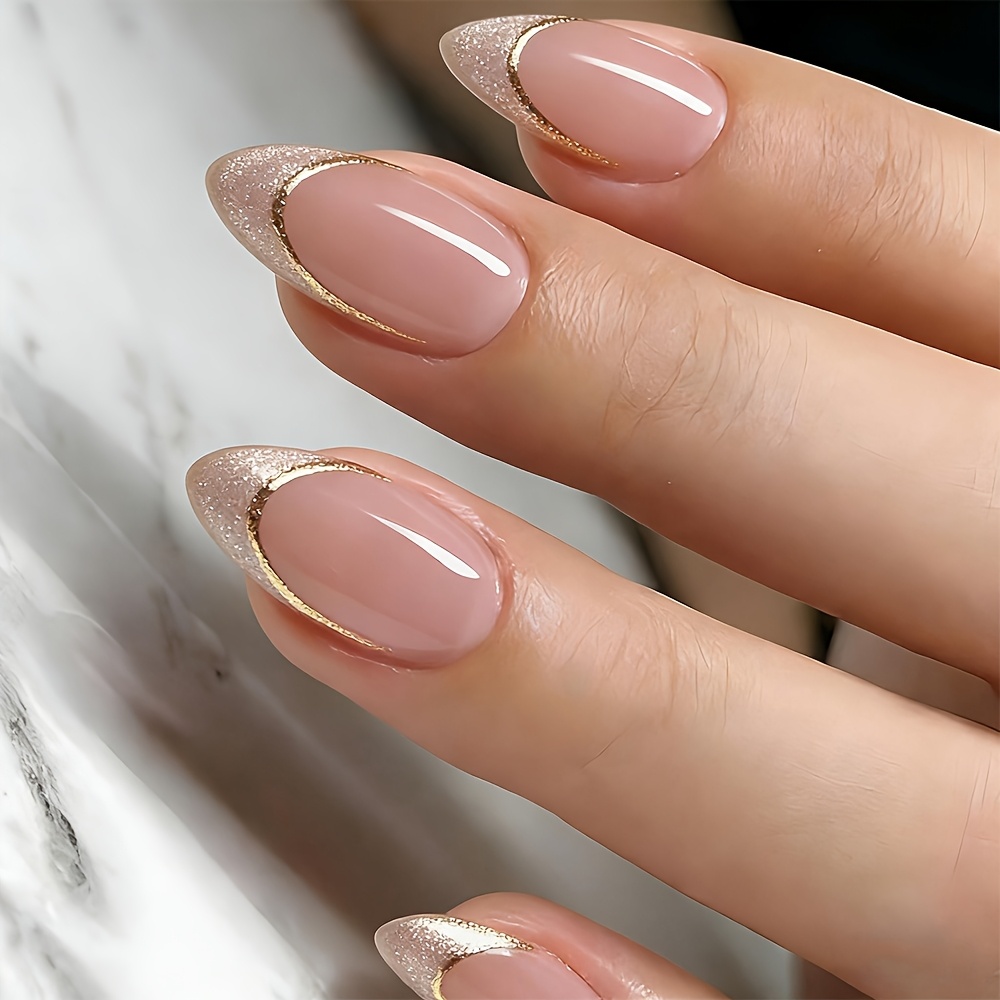 24pcs Medium Almond Nails, Pink Press-On Nails French Style, Reusable Full Cover False Nails for Women