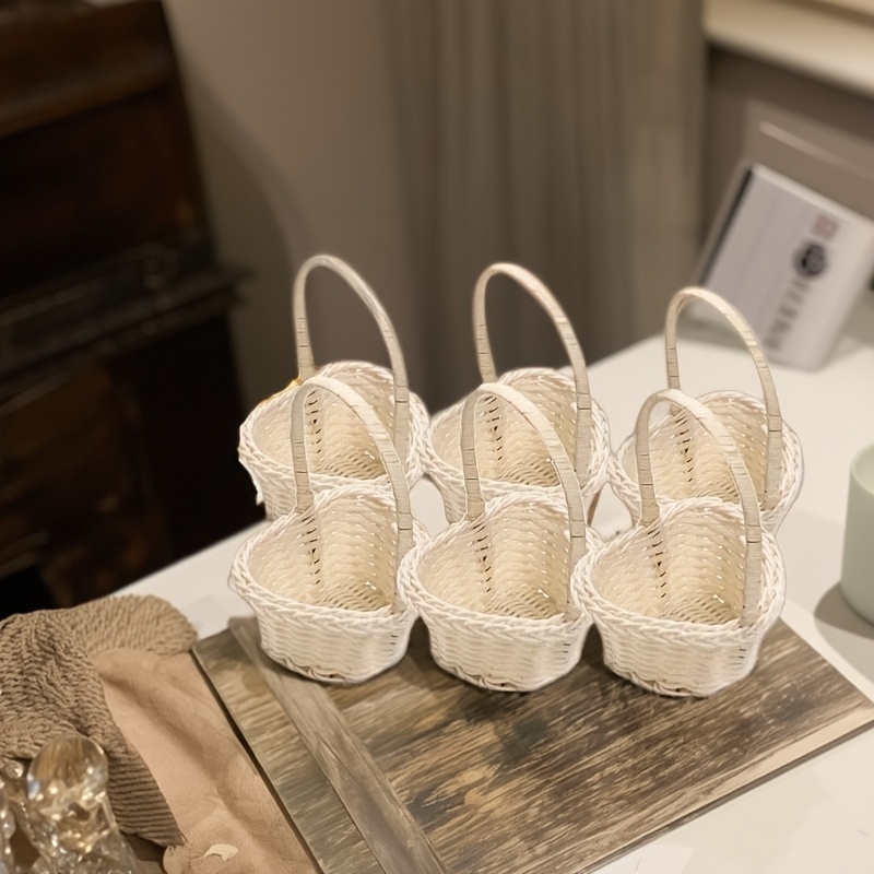 Image of 6 Heart-shaped Woven Plastic Baskets - Gentleman-style Floral Wedding Decor, Suitable For 's Baptism Ceremonies, , Parties, And Home Event Decorations, Small Storage Baskets, Faux Rattan Material