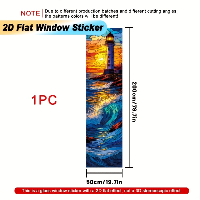 TEMU 2D Plat - 2D Plat - 1 autocollant de fenêtre 2D Plat représentant une vitrail d'un phare au coucher sur l'océan, mesurant 50×200 cm. Il utilise