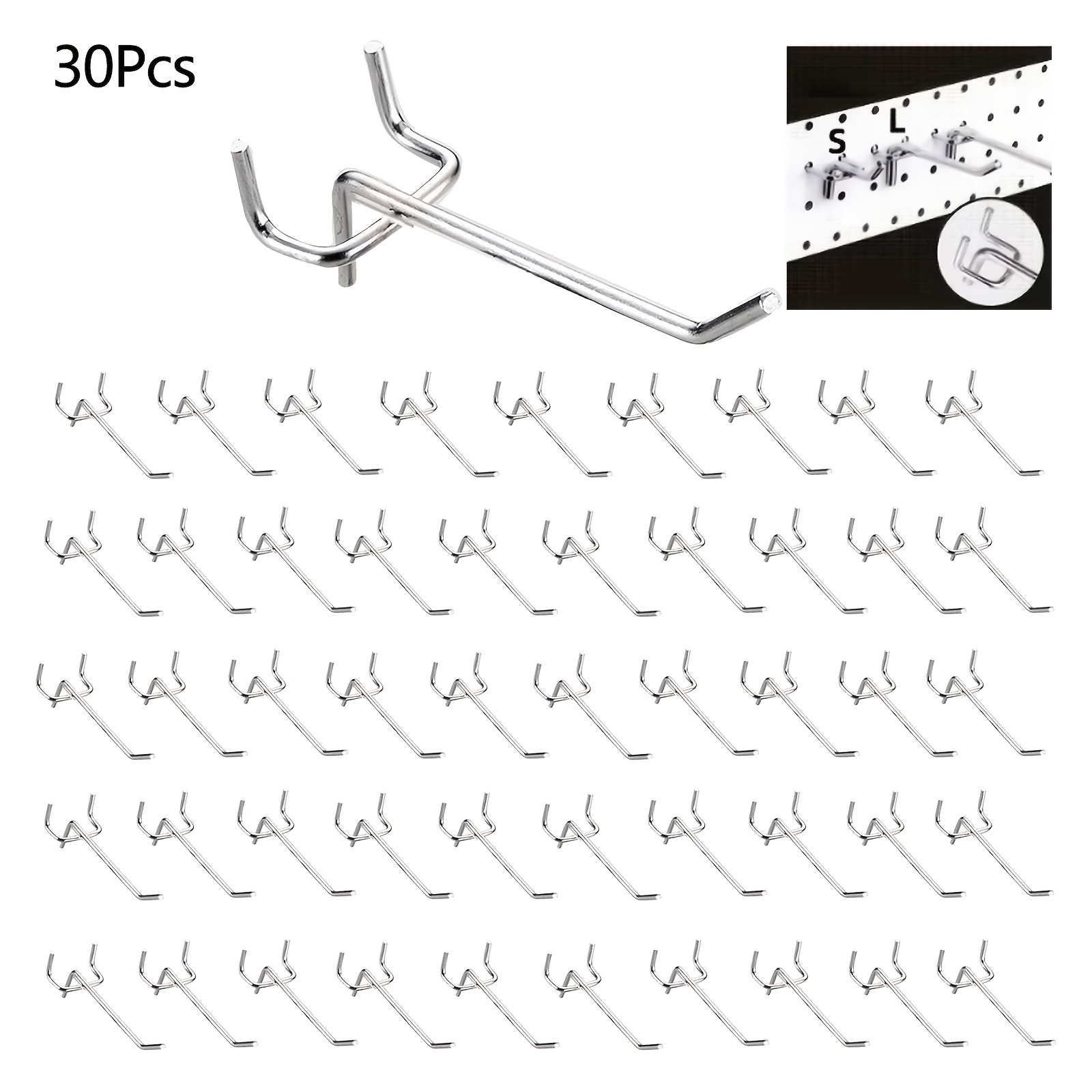 TEMU Lot de 30 crochets robustes et durables en métal galvanisé de L de 3,94" pour panneau perforé, crochets pour plaque à trous pour suspension,