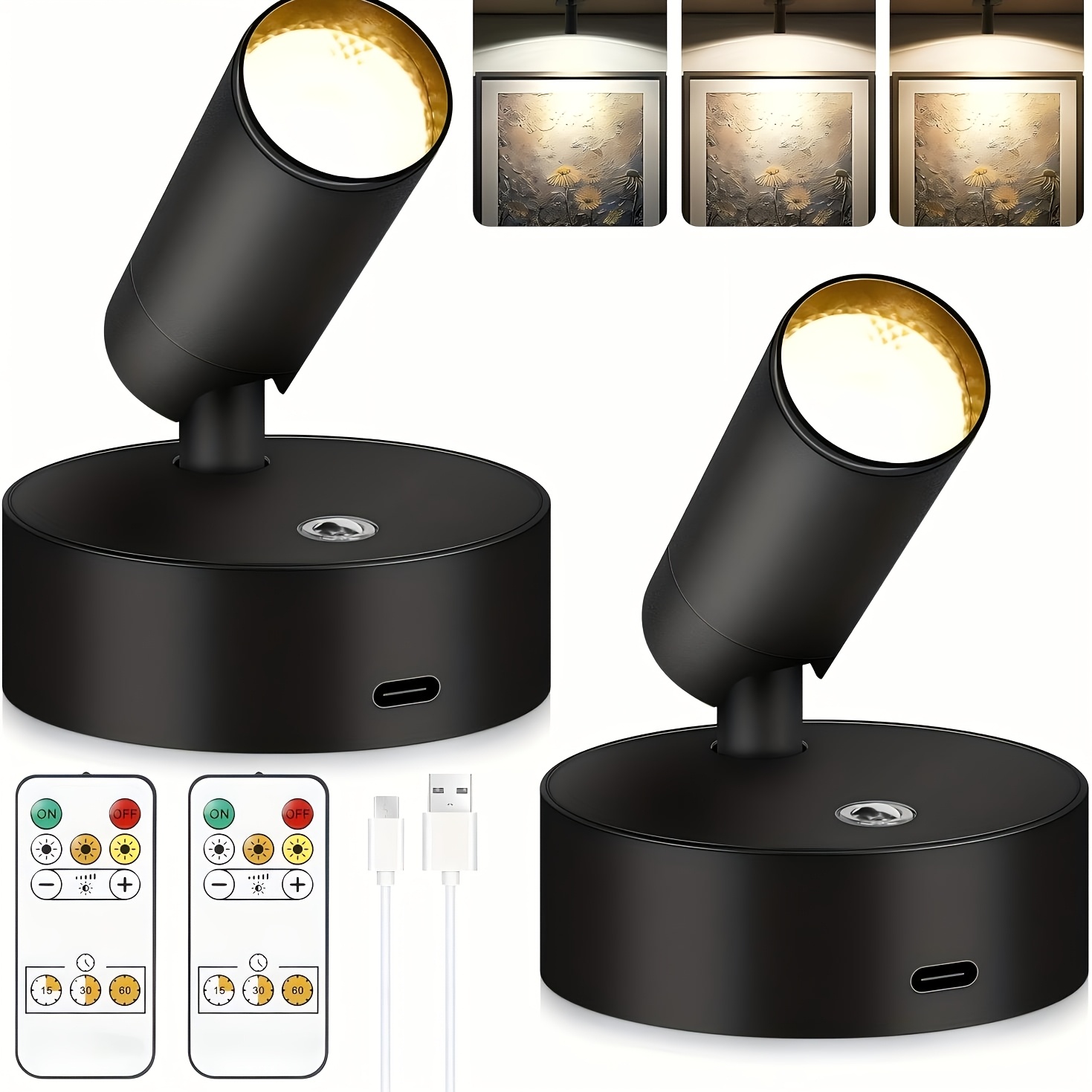 TEMU Led Rechargeable Spotlight Indoor, Battery Operated Spot Lights With Remote Control & Timer, Small Dimmable Wireless Wall Lamp Accent Lighting