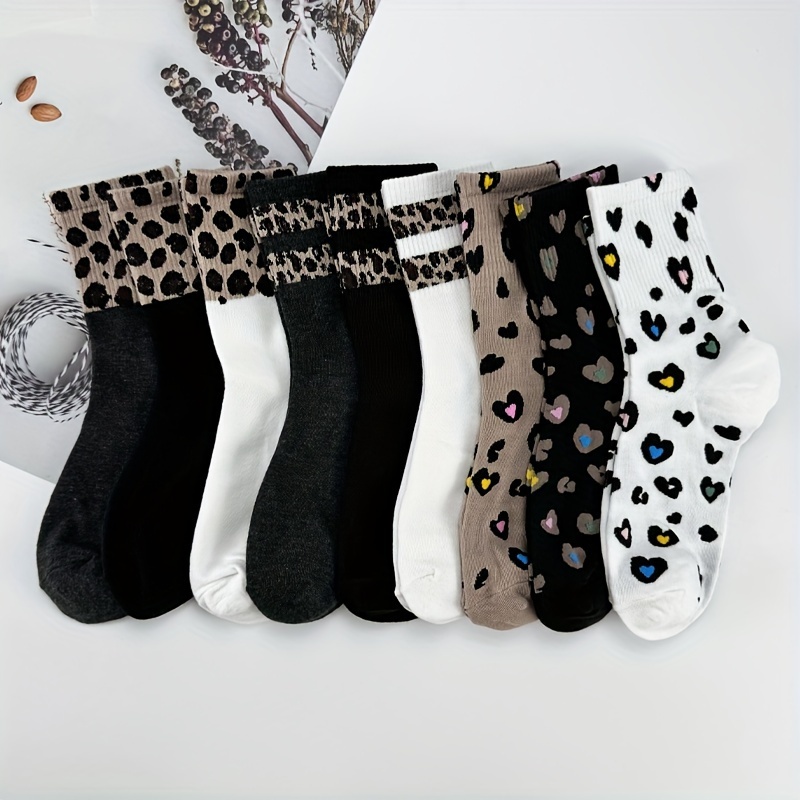 

9pcs Leopard & Heart Print Mid-calf Socks - Breathable, Sweat Absorbent Polyester With Elastane, Machine Washable - Stylish & Comfortable For All