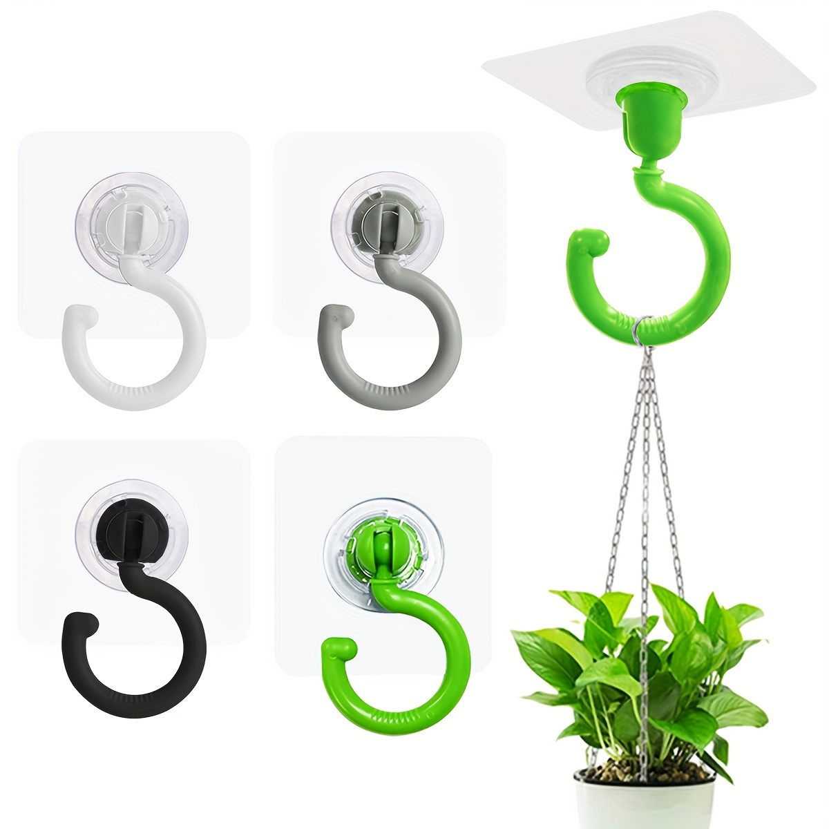5pcs Rotatable Adhesive Ceiling Hooks - No Drill, Easy Install for Hanging Plants, Lanterns & Wind Chimes - Versatile Sticky Hangers in White, Green, Black - Ideal for Home & Garden Decor, Plant Hangers|Modern Home Accessory|Durable Plastic Hooks