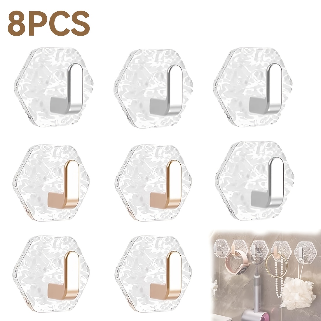 TEMU 8pcs Water Ripple Hexagonal Self Adhesive Hooks, No Drill Bathroom Kitchen Wall Hooks, Hexagonal Water Ripple Design For Towels, Keys & Home