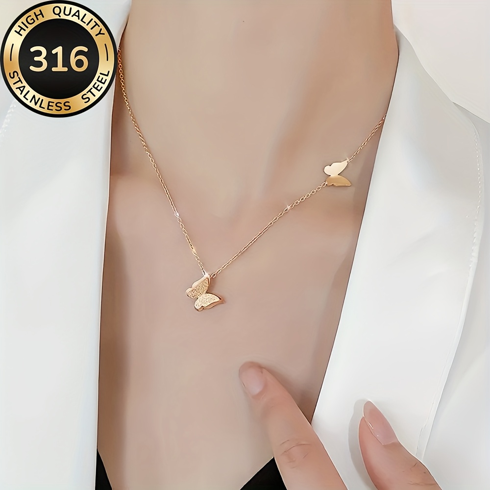 Women's Golden Butterfly Stainless Steel Necklace, Elegant Gift