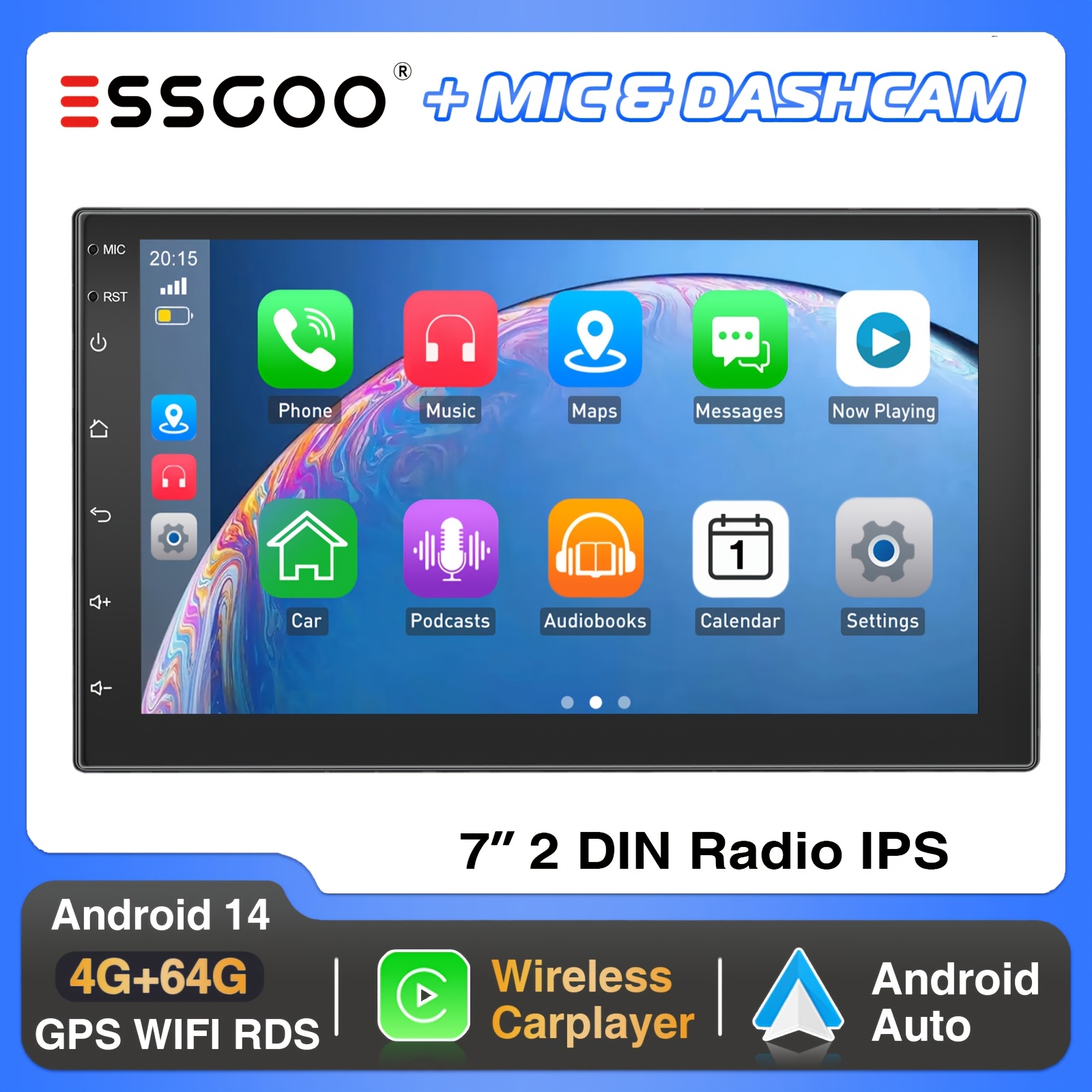 Essgoo 14 Car Stereo Compatible For Smartphones, & Auto, 7-inch Double Din Ips Touchscreen With Dashcam, Gps, Steering Wheel Control, Fm/rds Radio, Wifi, - Processor, 4+64gb ( Fit)