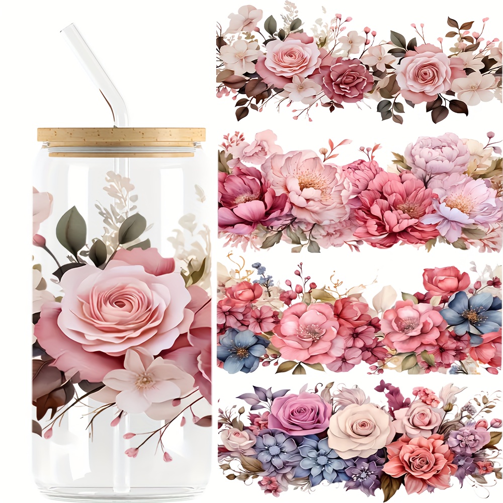 

Blossom Uv Dtf - 4pcs Set, & -, - Decals For , Bottles & Decor, 16oz Glass Jars, Diy , (4.3"x9.4")