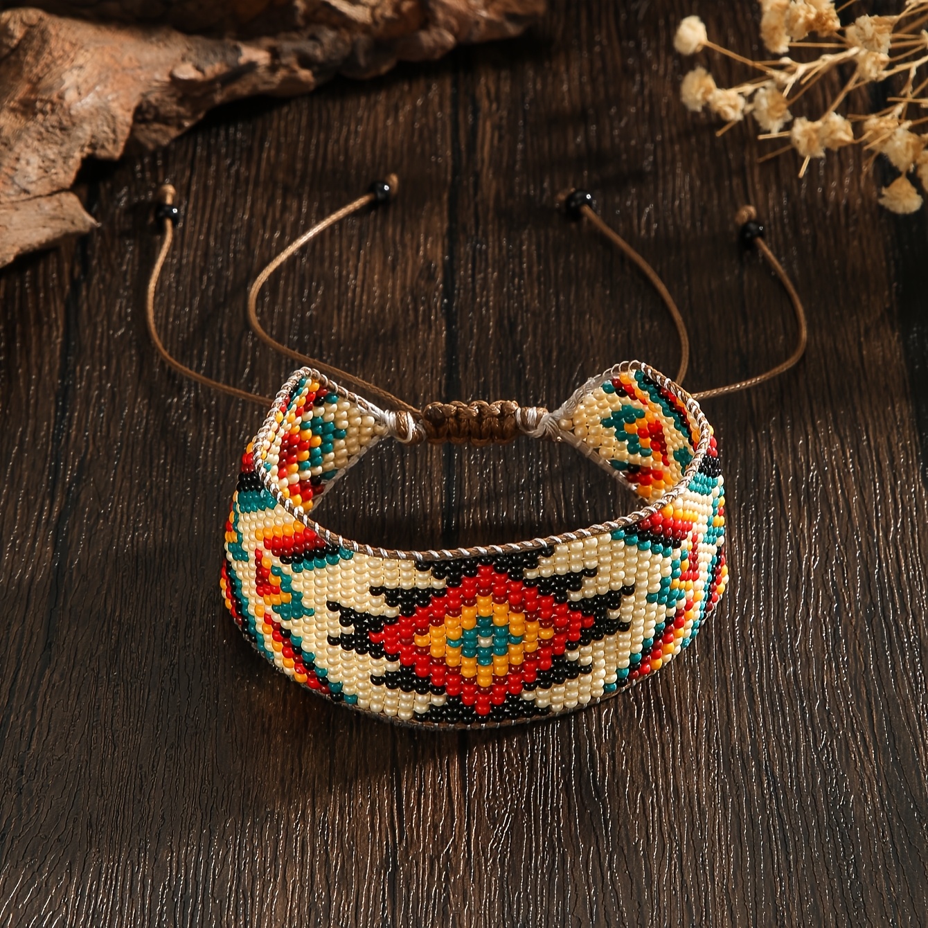 TEMU Handmade Beaded Braided Bracelet, Bohemian Style Bracelet, Vintage Color Scheme With Beige Base Accented By Red And Black Braided Beads, Women's