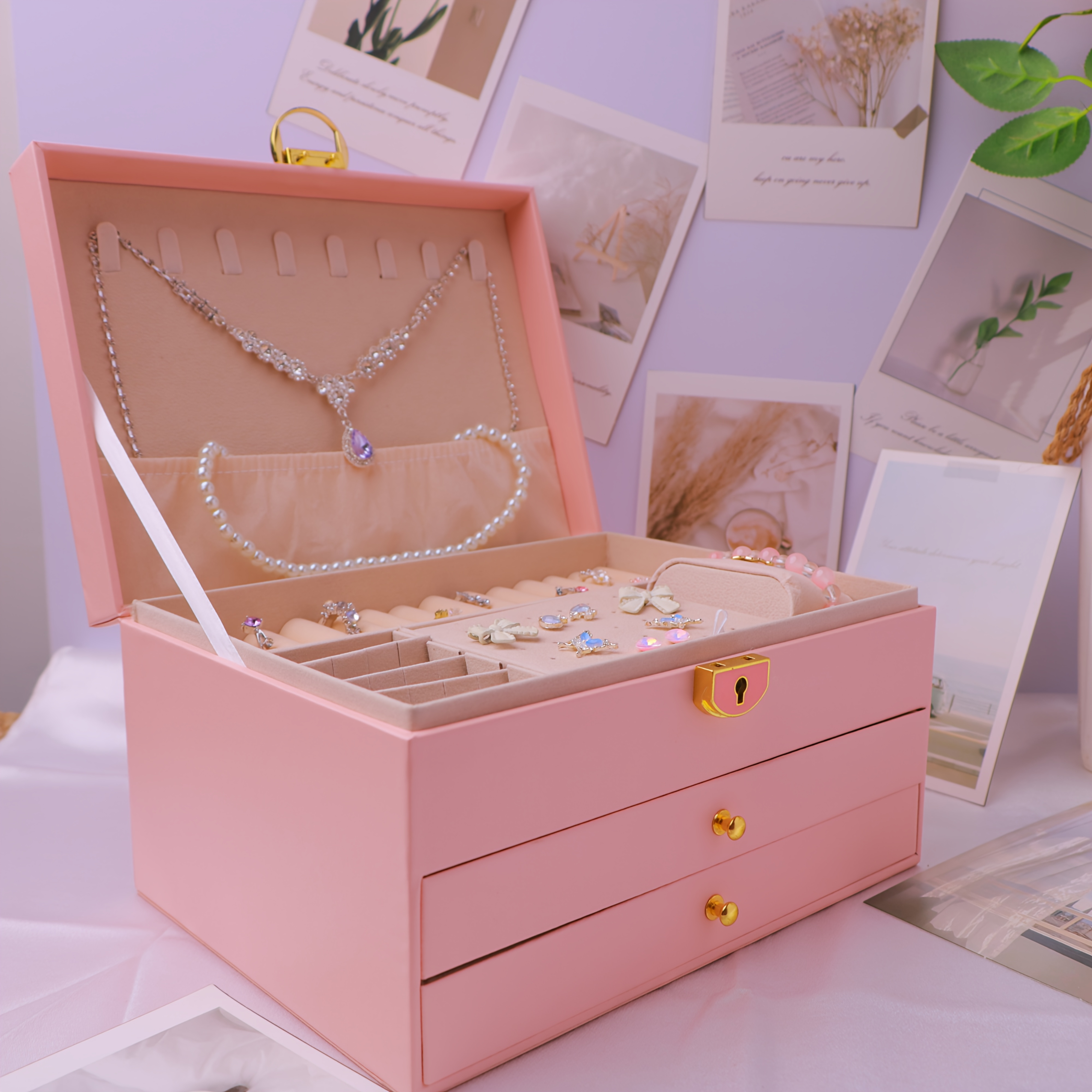 elegant vintage style jewelry box with   layer   leather   hardware pink     necklaces bracelets and earrings ideal for home decor and fashion enthusiasts jewelry gift box jewelry boxes Product details 6