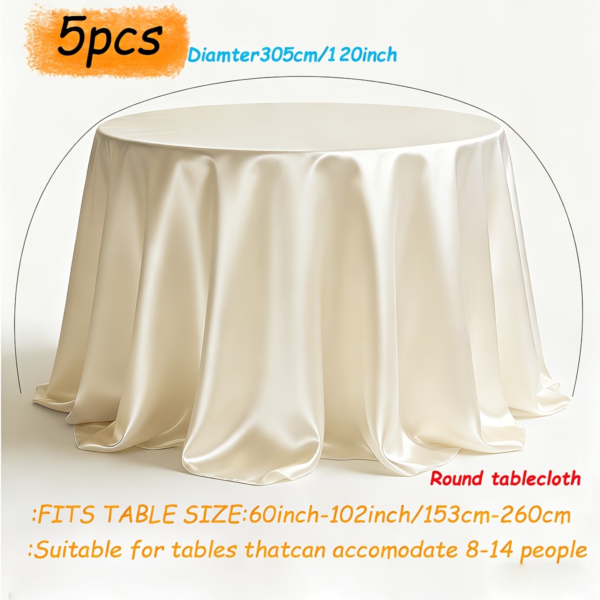 Image of 5pcs Satin Round Tablecloths, 120-inch Round Tablecloth, Tablecloth, Smooth Fabric Cover, Satin Tablecloth, Wedding Party Banquet Decoration, Multiple Color Options