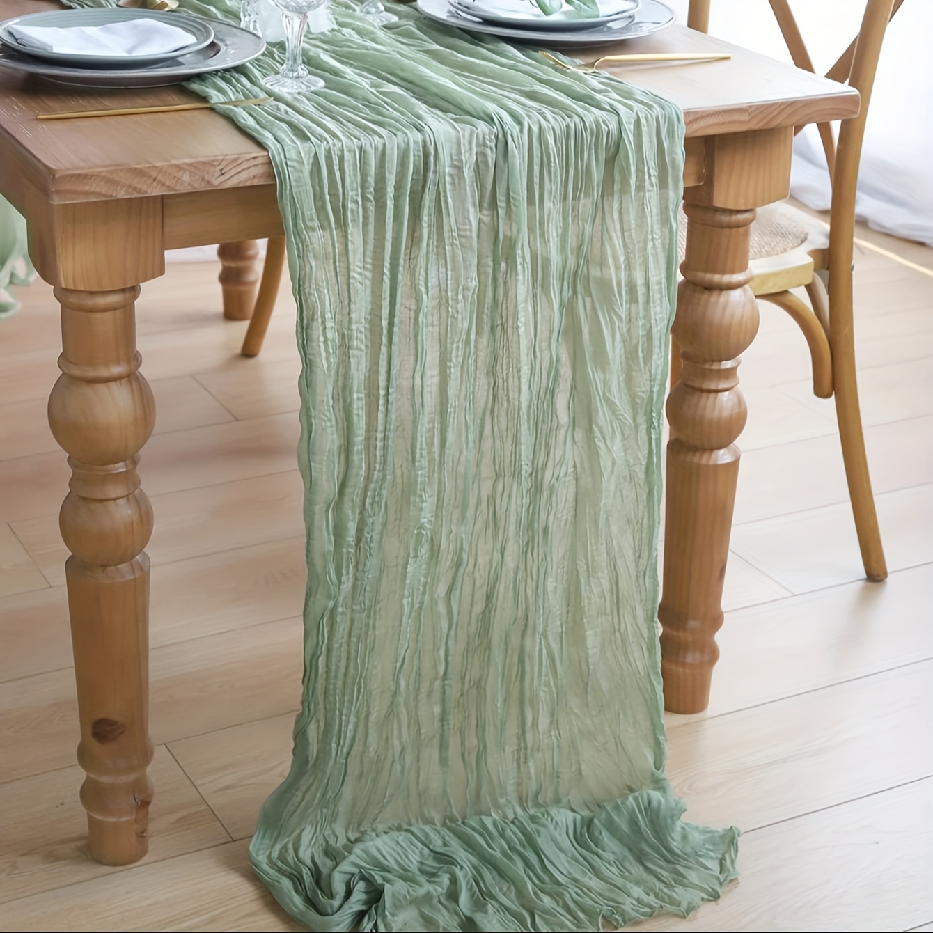 

1/6pcs, Chunky Cotton Cloth Table Runner Green Gauze Boho Style Rustic Sage Green Green Bali Yarn Table Runner, For Baby Shower Decoration Wedding Easter Summer Table Runner