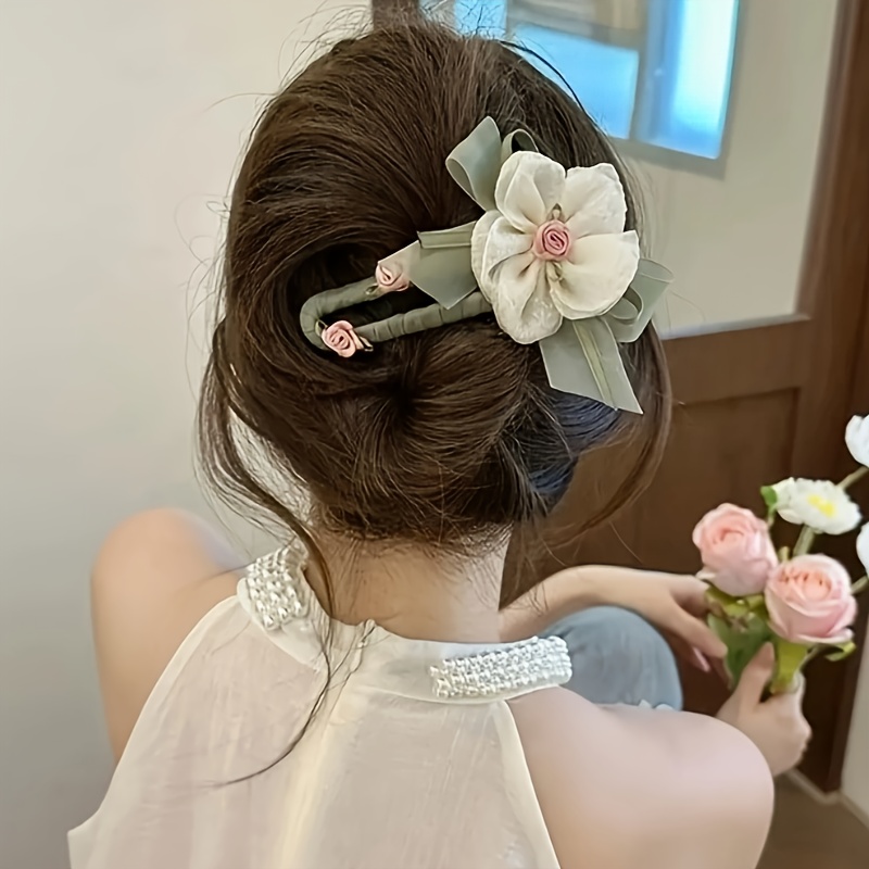 1pc elegant floral hair clip for women vintage inspired mesh flower hairpin with green ribbon leaf accents large oblong design for   style updos hair accessories for women vintage hair accessory mesh fabric hairpin Product details 0