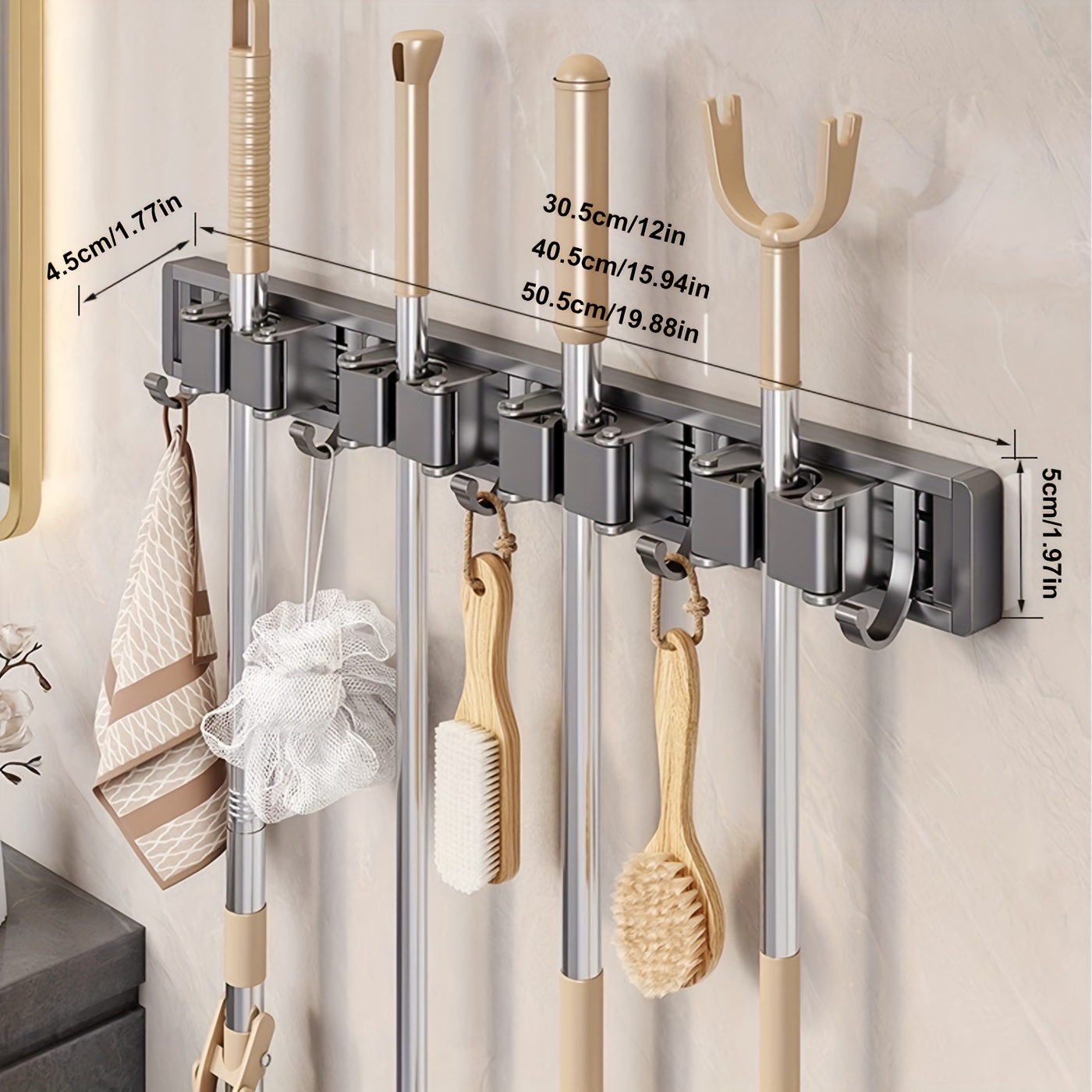 1pc Bathroom Storage Rack Metal Mop & Broom Holder with Adjustable Hooks, Wall-Mounted Storage Organizer for Home, Kitchen, Garden, Laundry, Garage - Lacquered Finish, Space-Saving Shelf for Mops, Brooms, Tools, Shelves