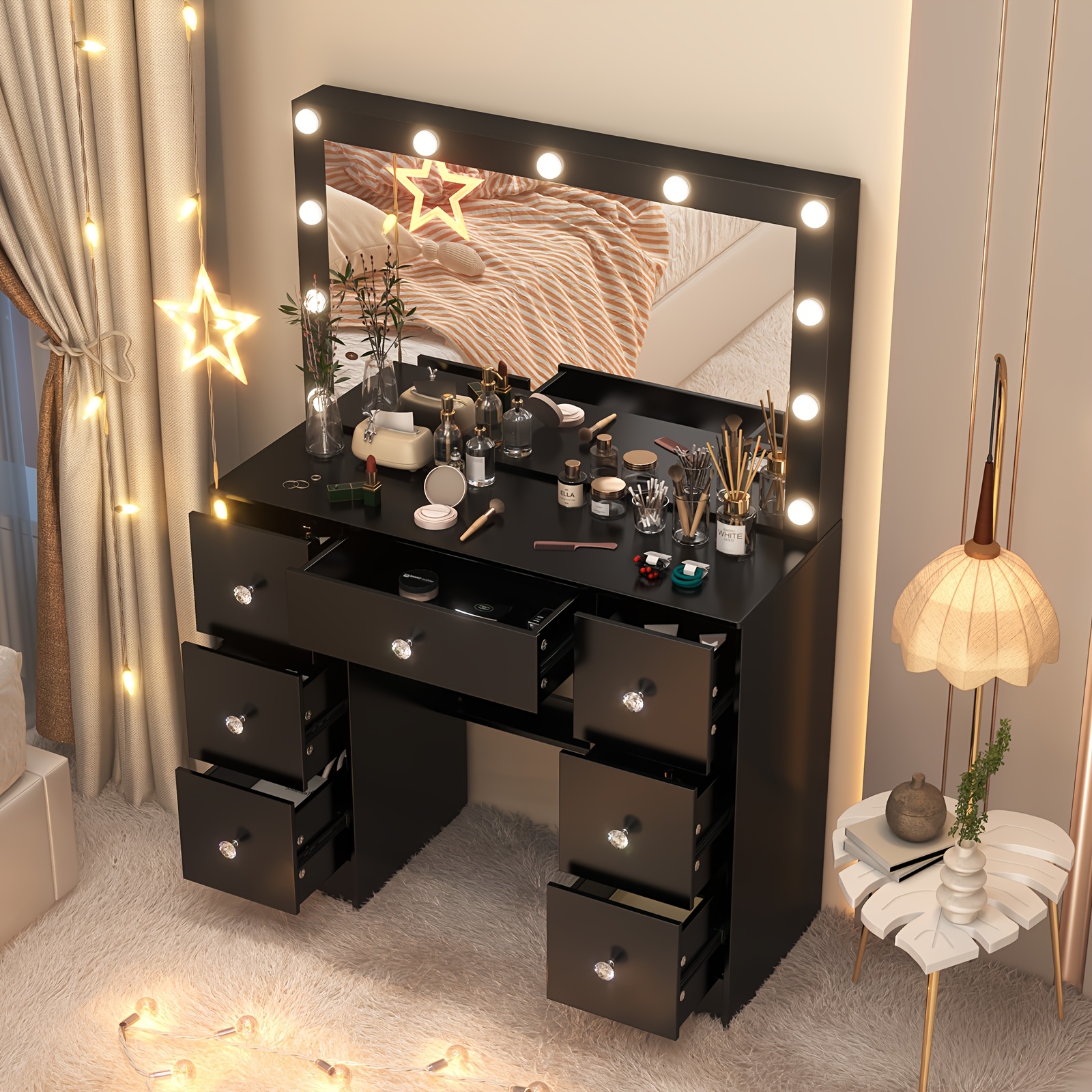 Dressing Table Stool Set with LED Mirror & Drawers