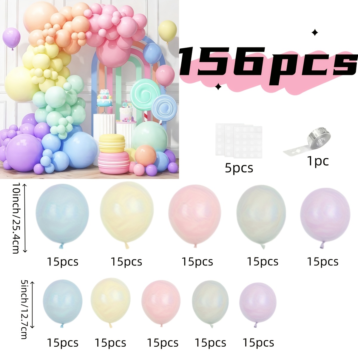 TEMU 156pcs Of Macaron Colored Latex Balloon Arch Set, Pink, Blue, Purple, Yellow, Green, Suitable For Birthdays, Weddings, Gender Reveal, Graduation