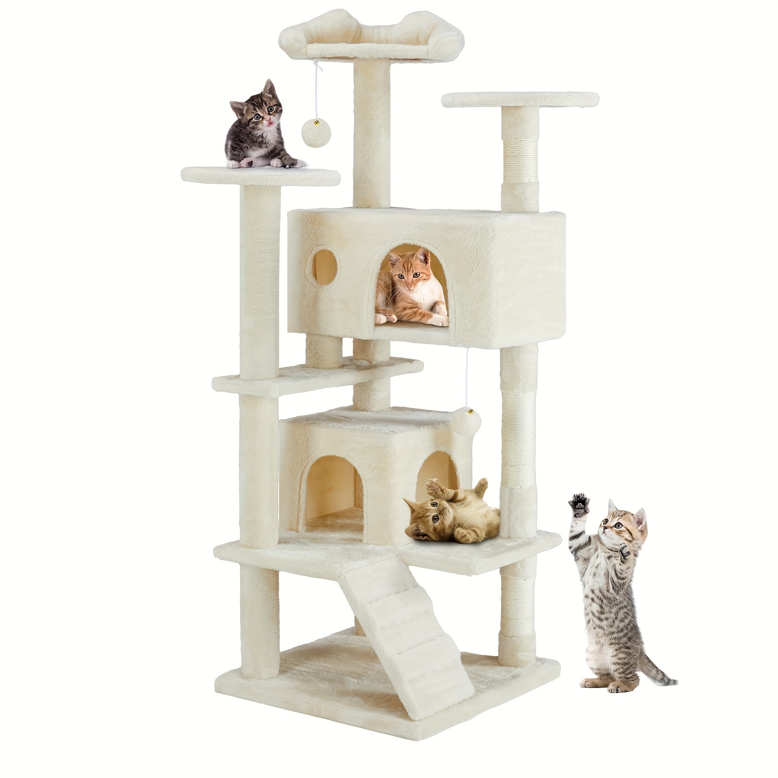 

Smug 54in Cat Tree, Indoor Cats Tall Multi-level Tower, House With Large Condo, Natural Sisal Scratching Post, Climbing Ladder, Dangling Toy For Kitty, Kitten, Wall Mount, Beige