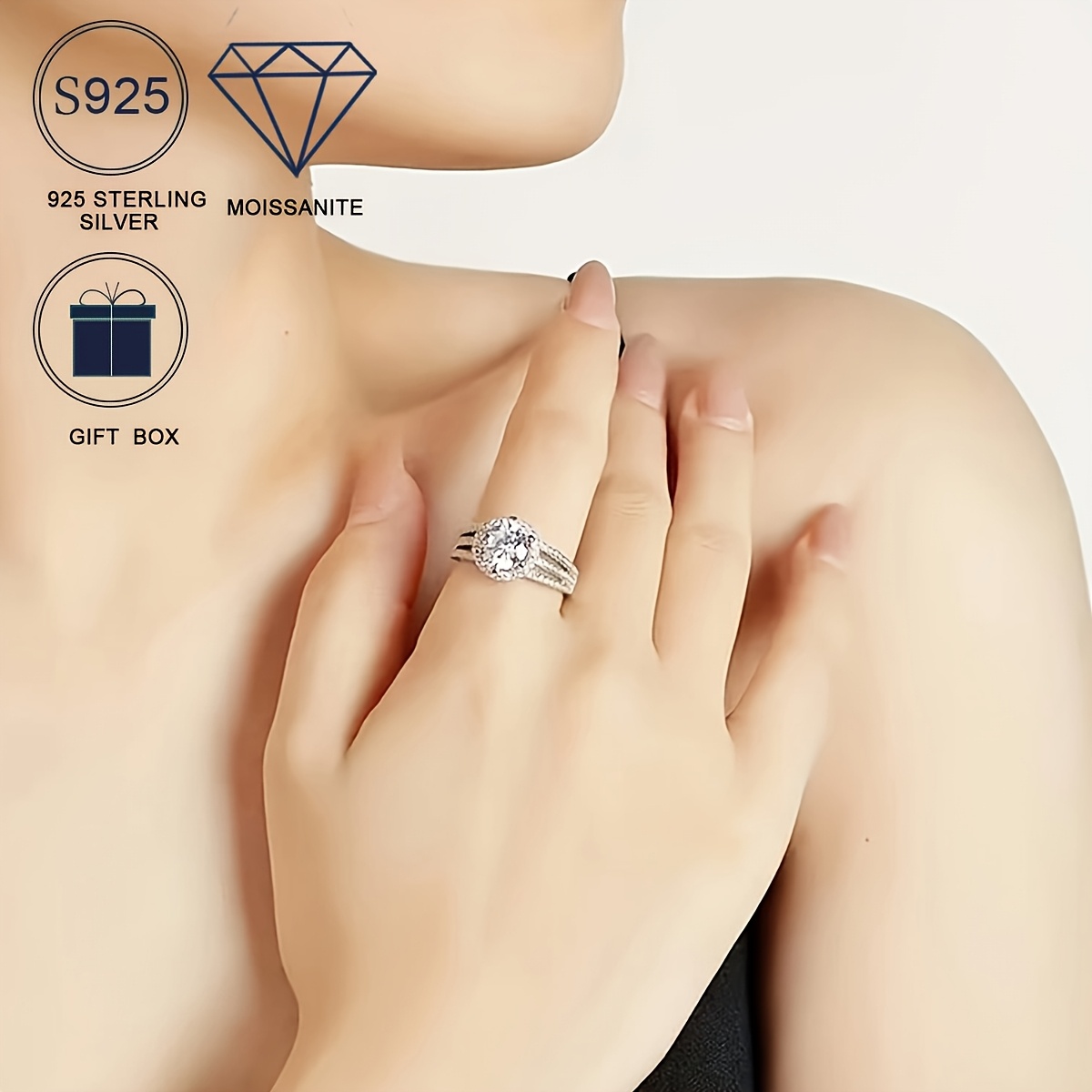 925 Sterling Silvery 2 Carat Round Moissanite Ring for Women, Classic Elegant Three-Row Round Wedding Engagement Ring Jewelry, Ideal Gift for Valentine's Day, Mother's Day, Anniversary, Comes with Moissanite Certificate and Exquisite Gift Box