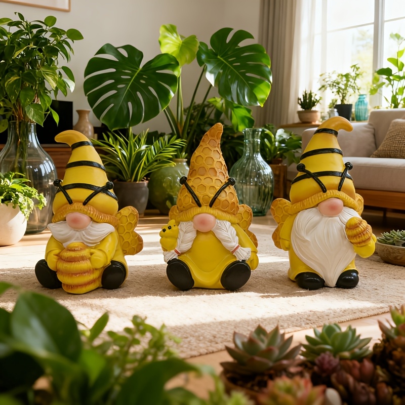 E-shop 3 Stück Outdoor-Statue Bienen-Gnom-Deko mit Wabenstruktur, Niedliche Bienen-Dekoration für Garten Balkon, Entzückende Deko für Wohnambiente,