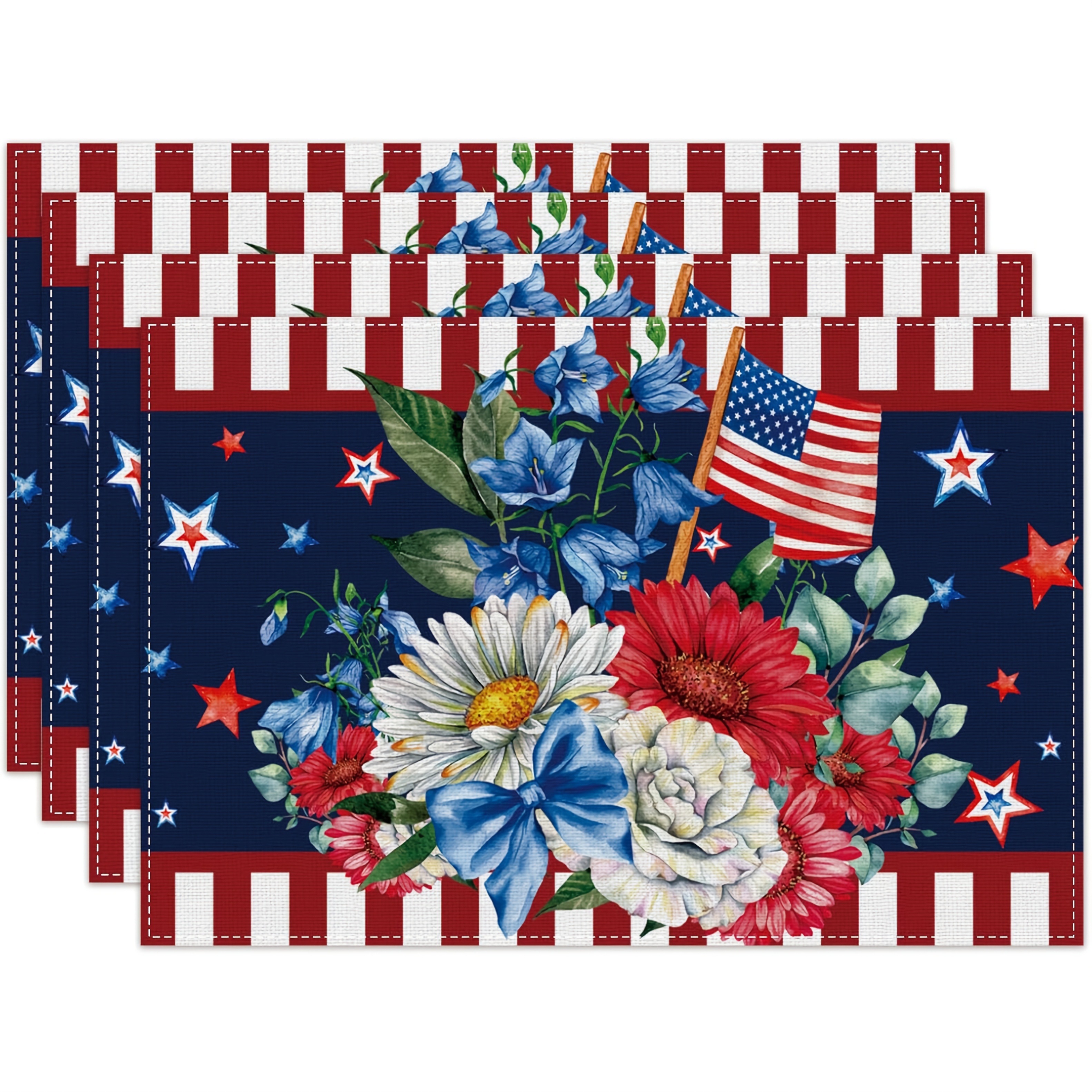 TEMU 4pcs Day Linen Red White And Patriotic Placemats, Set Of 4 Memorial Day Patriotic Decoration For Home Holiday Desktop Decor