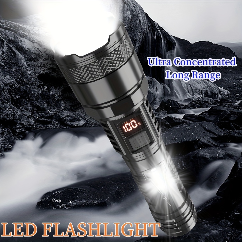 

1pc Rechargeable Led Flashlight, Spotlight With Digital Display, 4 , 500mah Lithium Battery, With Usb Cable Included, Non-waterproof, For Home & Emergency Use With 100m Long Range