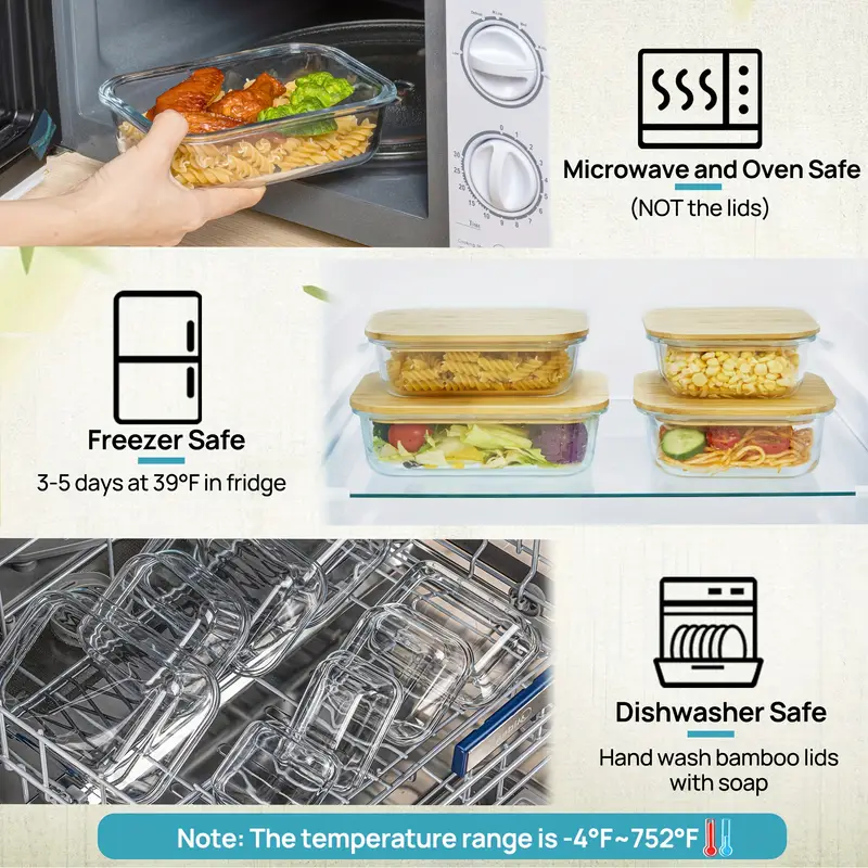 4 pack glass food storage containers with bamboo lids microwave oven freezer dishwasher safe stackable space saving meal prep containers 4 sizes 35 1oz 22oz 27oz 17 6oz bpa free leakproof for lunch kitchen office glass food containers keeper lidding Product details 2