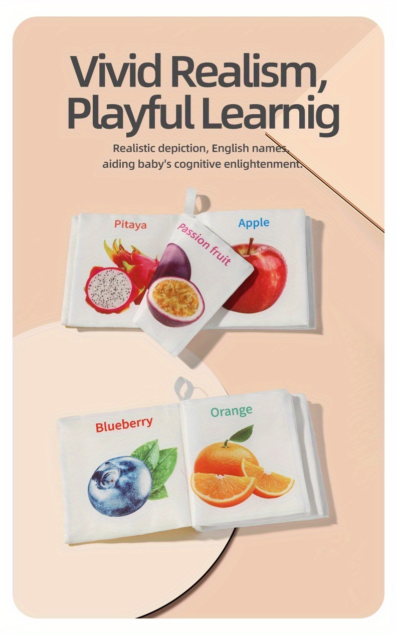 A Fantastic Early Education Tool for Fruit Recognition! This Six-Page Fabric Book Allows for Independent Exploration with Tear-Resistant Soft Material, Vibrant Fruit Illustrations, And Interactive Touch-And-Flip Learning. It Stimulates Curiosity