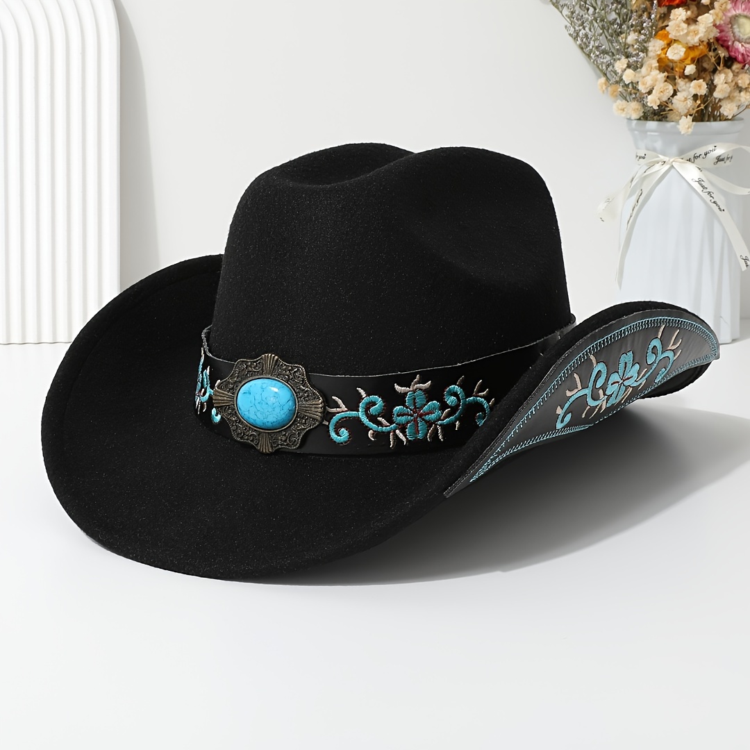 

Lady's Elegant Felt Cowboy Hat With Turquoise Stone And Embroidered Belt - Perfect For Dance Parties, Graduations, And Festive Occasions